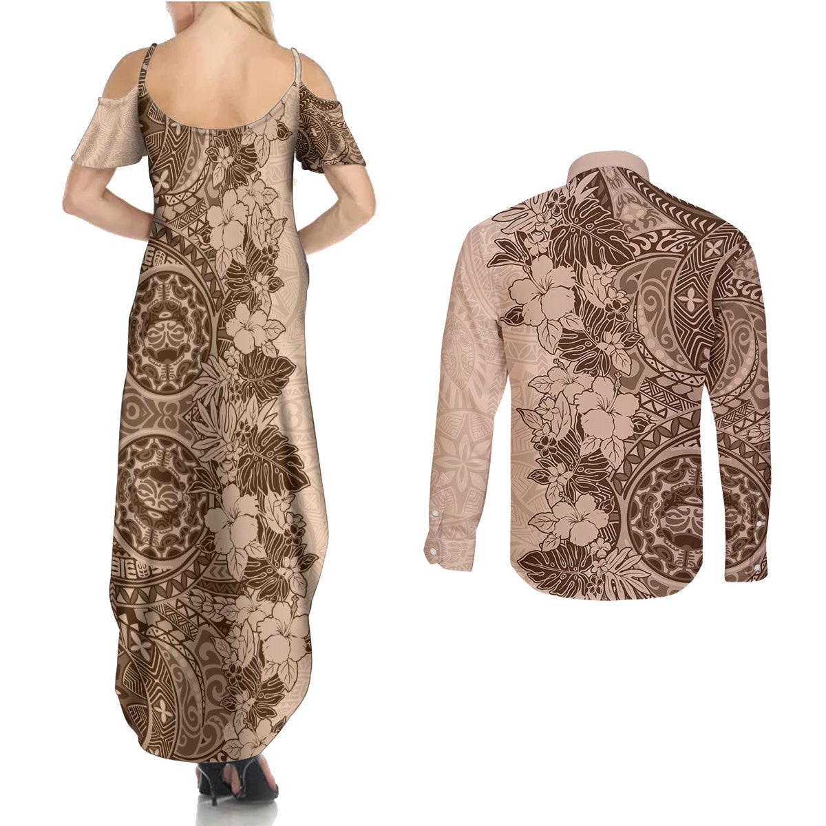 Polynesia Couples Matching Summer Maxi Dress and Long Sleeve Button Shirt Hibiscus and Hawaiian Tribal Tattoo Retro Style Pink Pastel LT9 - Wonder Print Shop