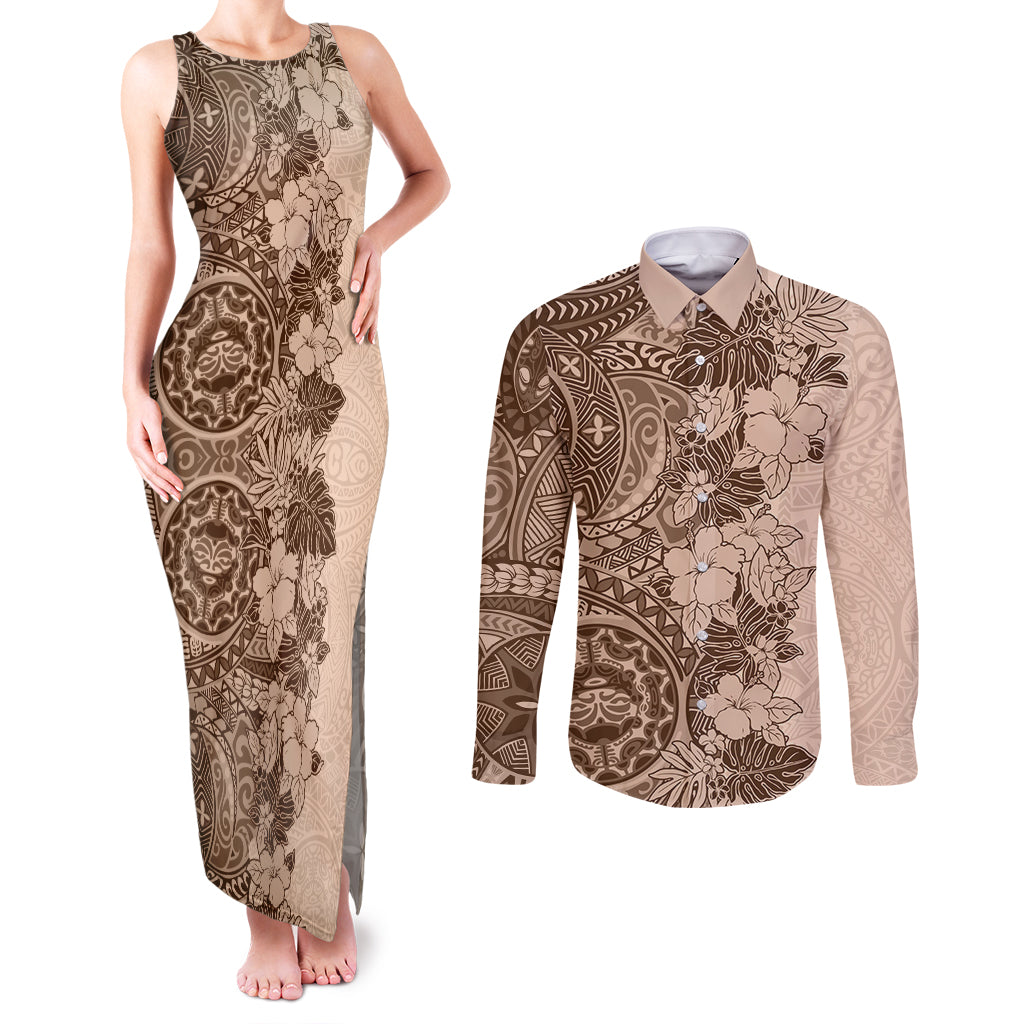 Polynesia Couples Matching Tank Maxi Dress and Long Sleeve Button Shirt Hibiscus and Hawaiian Tribal Tattoo Retro Style Pink Pastel LT9 - Wonder Print Shop
