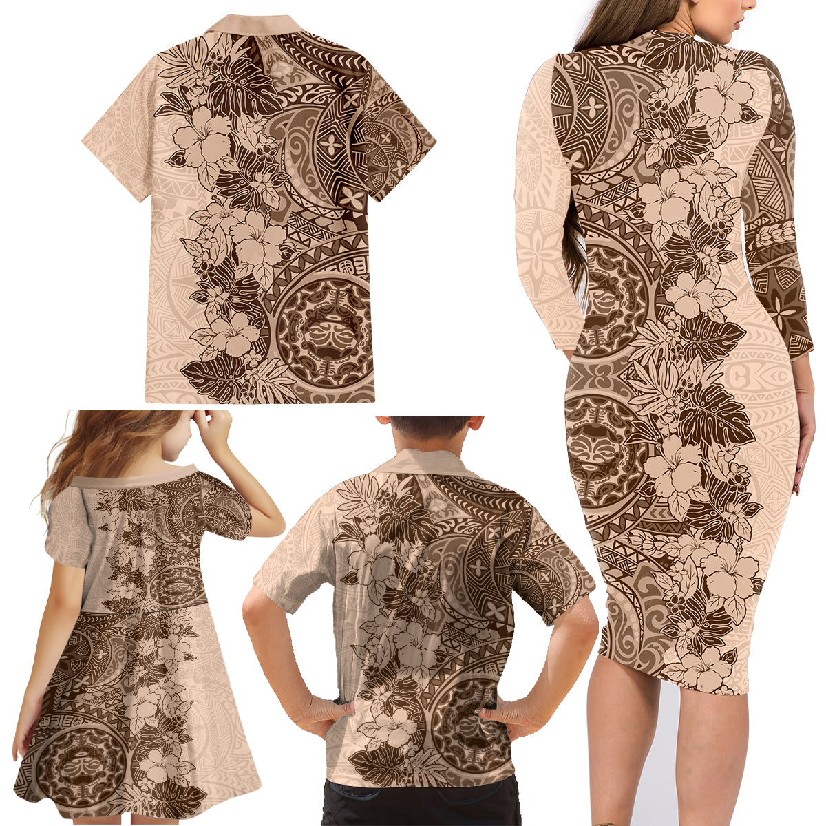 Polynesia Family Matching Long Sleeve Bodycon Dress and Hawaiian Shirt Hibiscus and Hawaiian Tribal Tattoo Retro Style Pink Pastel LT9 - Wonder Print Shop