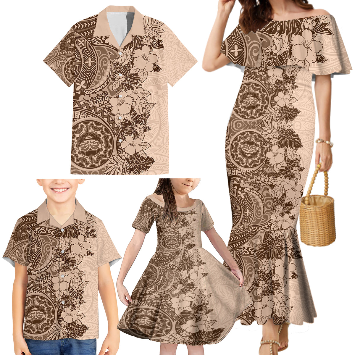 Polynesia Family Matching Mermaid Dress and Hawaiian Shirt Hibiscus and Hawaiian Tribal Tattoo Retro Style Pink Pastel LT9 - Wonder Print Shop