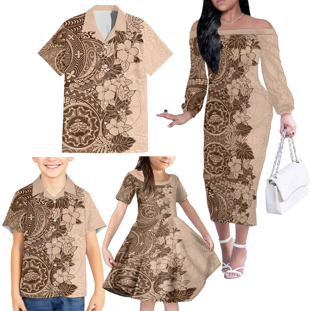 Polynesia Family Matching Off Shoulder Long Sleeve Dress and Hawaiian Shirt Hibiscus and Hawaiian Tribal Tattoo Retro Style Pink Pastel - Wonder Print Shop