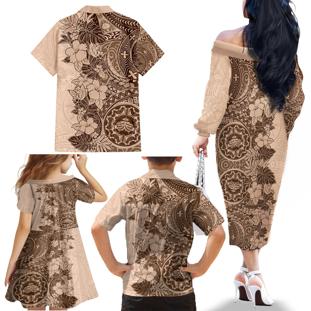 Polynesia Family Matching Off Shoulder Long Sleeve Dress and Hawaiian Shirt Hibiscus and Hawaiian Tribal Tattoo Retro Style Pink Pastel - Wonder Print Shop
