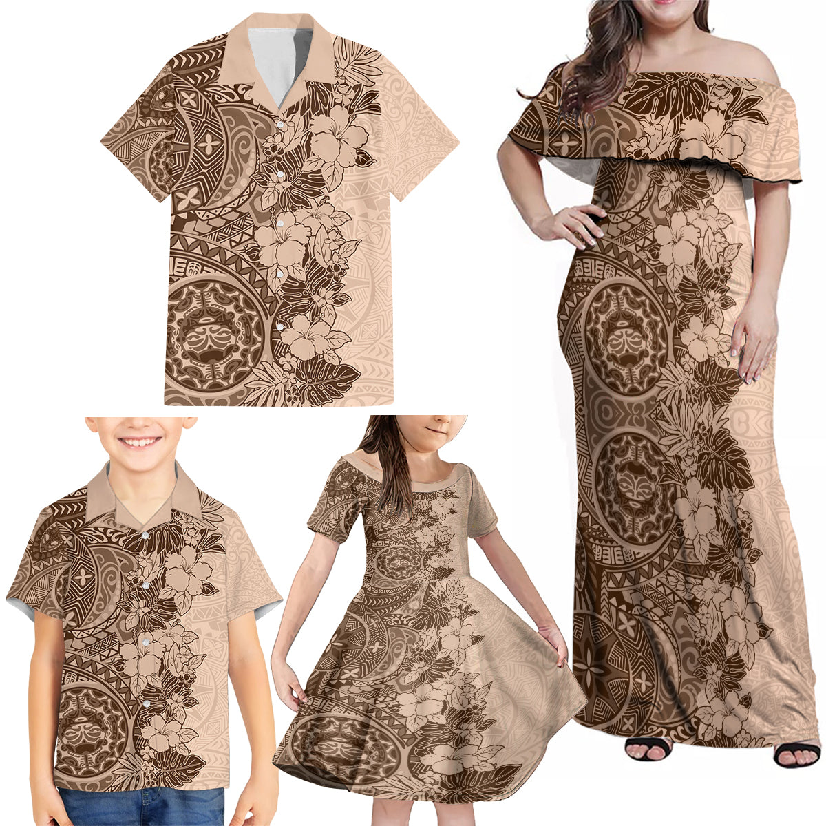 Polynesia Family Matching Off Shoulder Maxi Dress and Hawaiian Shirt Hibiscus and Hawaiian Tribal Tattoo Retro Style Pink Pastel LT9 - Wonder Print Shop