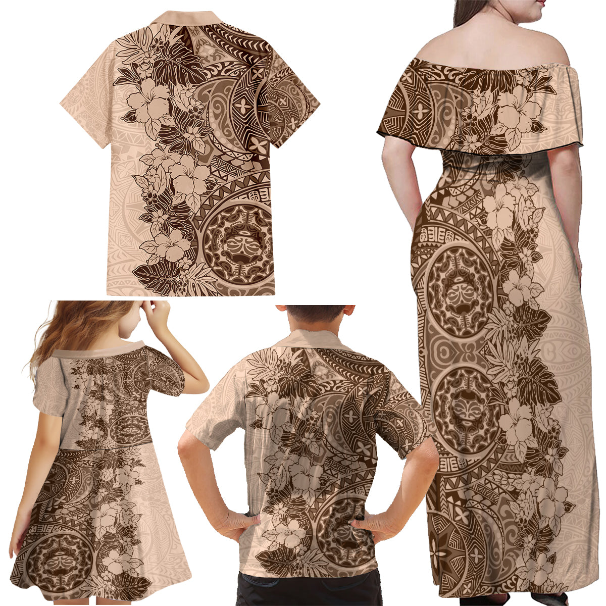 Polynesia Family Matching Off Shoulder Maxi Dress and Hawaiian Shirt Hibiscus and Hawaiian Tribal Tattoo Retro Style Pink Pastel LT9 - Wonder Print Shop