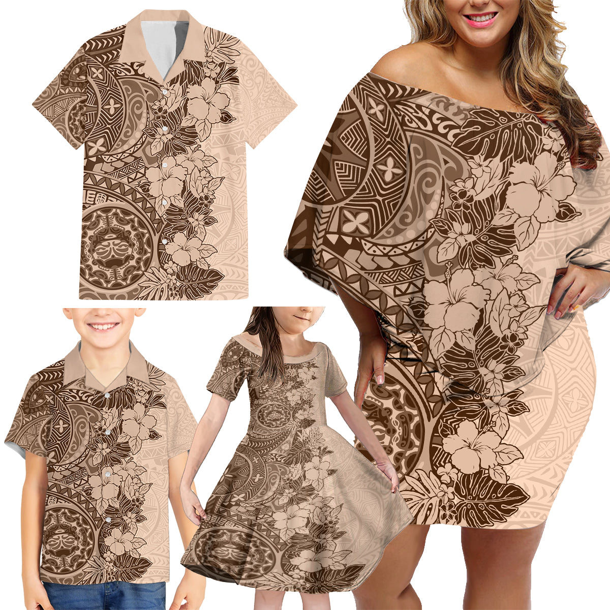 Polynesia Family Matching Off Shoulder Short Dress and Hawaiian Shirt Hibiscus and Hawaiian Tribal Tattoo Retro Style Pink Pastel LT9 - Wonder Print Shop