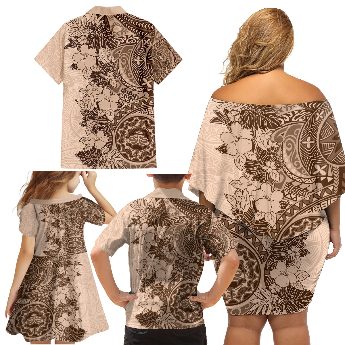 Polynesia Family Matching Off Shoulder Short Dress and Hawaiian Shirt Hibiscus and Hawaiian Tribal Tattoo Retro Style Pink Pastel LT9 - Wonder Print Shop