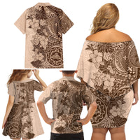 Polynesia Family Matching Off Shoulder Short Dress and Hawaiian Shirt Hibiscus and Hawaiian Tribal Tattoo Retro Style Pink Pastel LT9 - Wonder Print Shop
