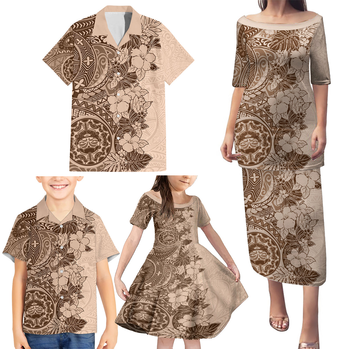 Polynesia Family Matching Puletasi Dress and Hawaiian Shirt Hibiscus and Hawaiian Tribal Tattoo Retro Style Pink Pastel - Wonder Print Shop