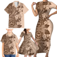 Polynesia Family Matching Short Sleeve Bodycon Dress and Hawaiian Shirt Hibiscus and Hawaiian Tribal Tattoo Retro Style Pink Pastel - Wonder Print Shop