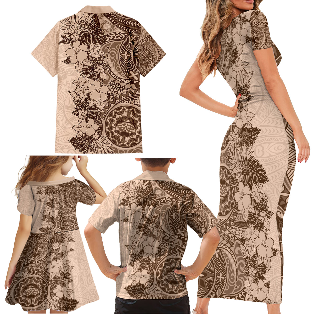 Polynesia Family Matching Short Sleeve Bodycon Dress and Hawaiian Shirt Hibiscus and Hawaiian Tribal Tattoo Retro Style Pink Pastel - Wonder Print Shop