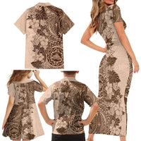 Polynesia Family Matching Short Sleeve Bodycon Dress and Hawaiian Shirt Hibiscus and Hawaiian Tribal Tattoo Retro Style Pink Pastel - Wonder Print Shop