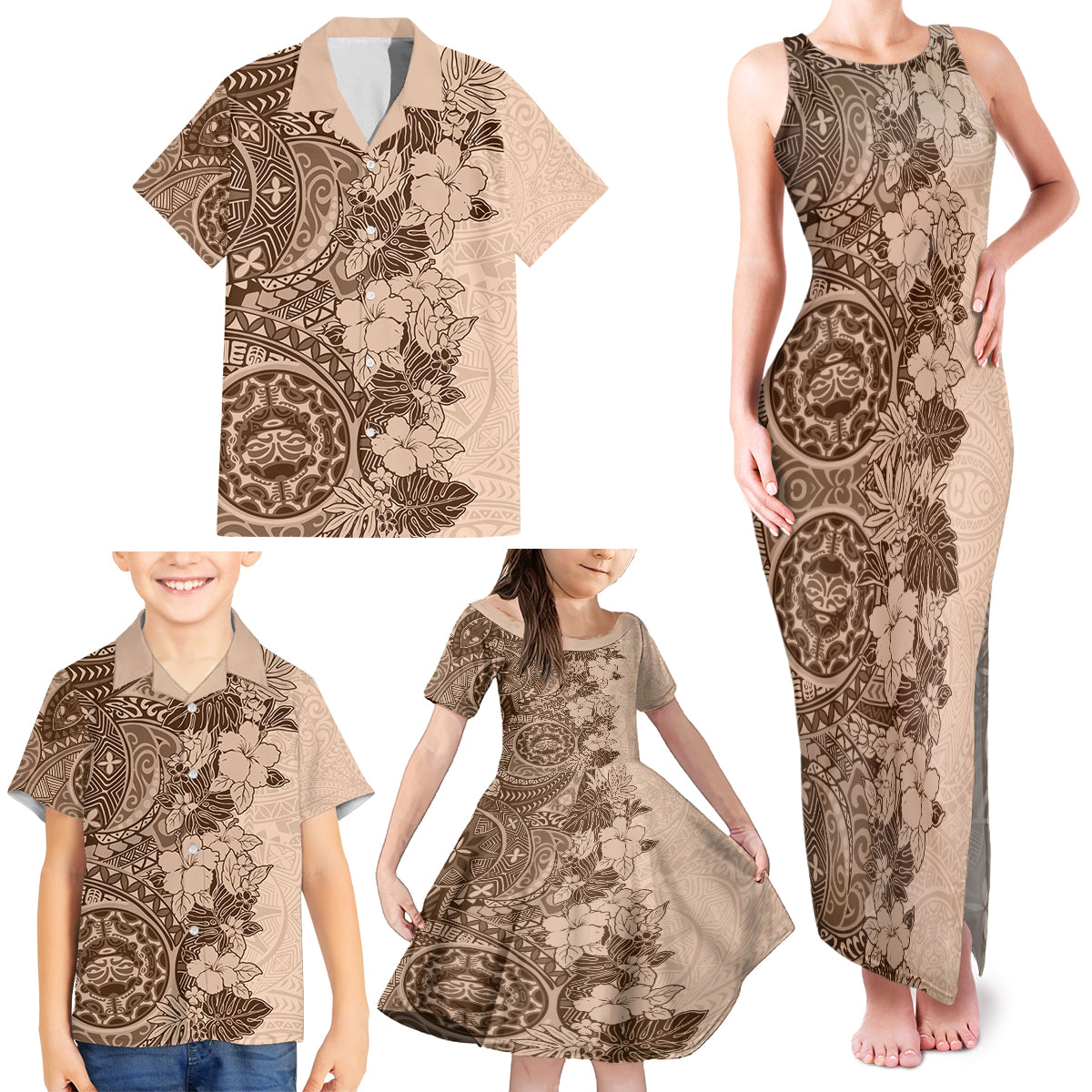 Polynesia Family Matching Tank Maxi Dress and Hawaiian Shirt Hibiscus and Hawaiian Tribal Tattoo Retro Style Pink Pastel - Wonder Print Shop
