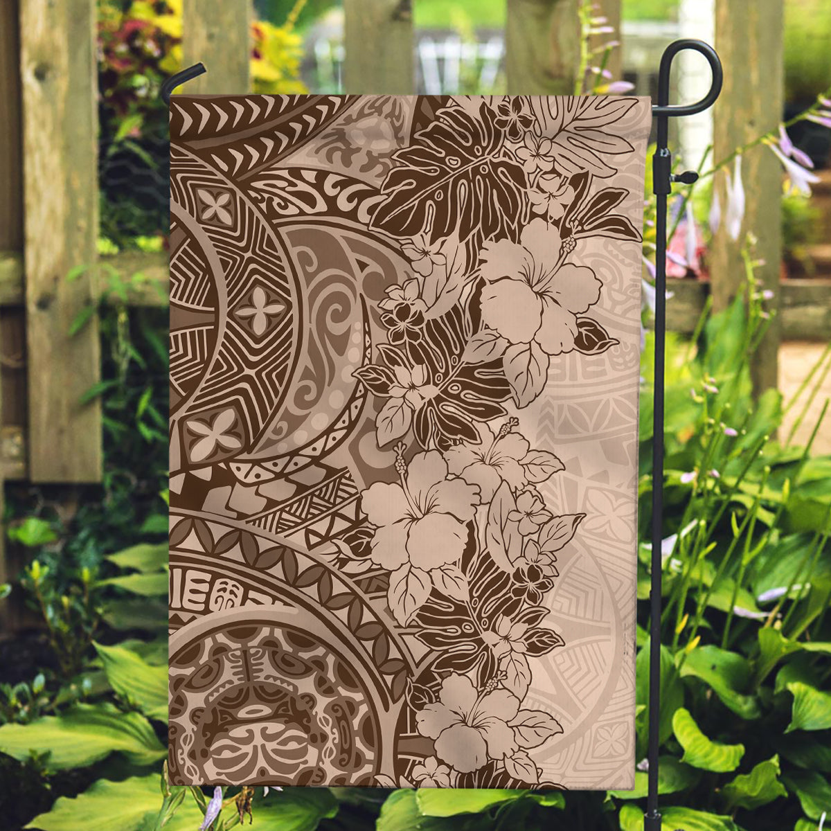 Polynesia Garden Flag Hibiscus and Hawaiian Tribal Tattoo Retro Style Pink Pastel - Wonder Print Shop