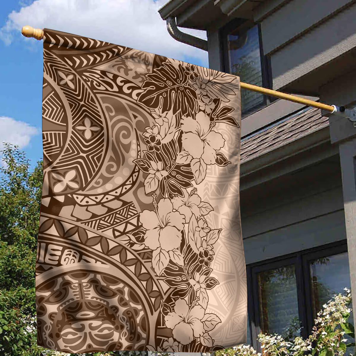 Polynesia Garden Flag Hibiscus and Hawaiian Tribal Tattoo Retro Style Pink Pastel - Wonder Print Shop