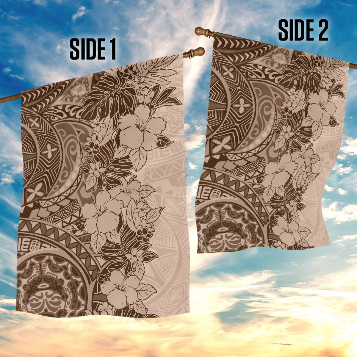 Polynesia Garden Flag Hibiscus and Hawaiian Tribal Tattoo Retro Style Pink Pastel - Wonder Print Shop