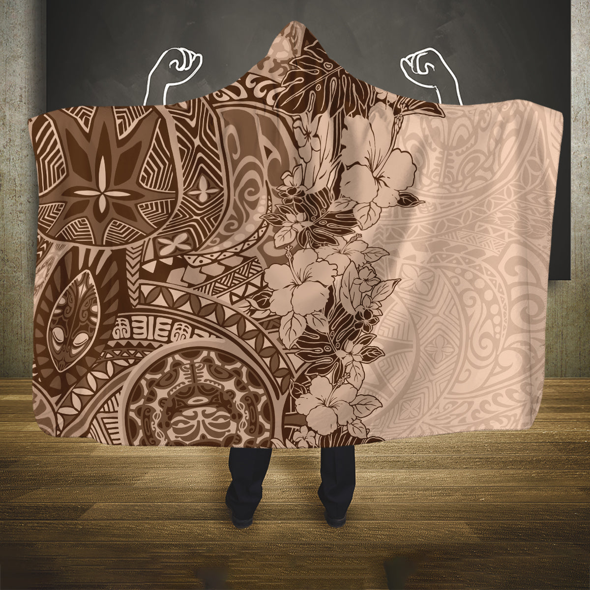 polynesia-hooded-blanket-hibiscus-and-hawaiian-tribal-tattoo-retro-style-pink-pastel