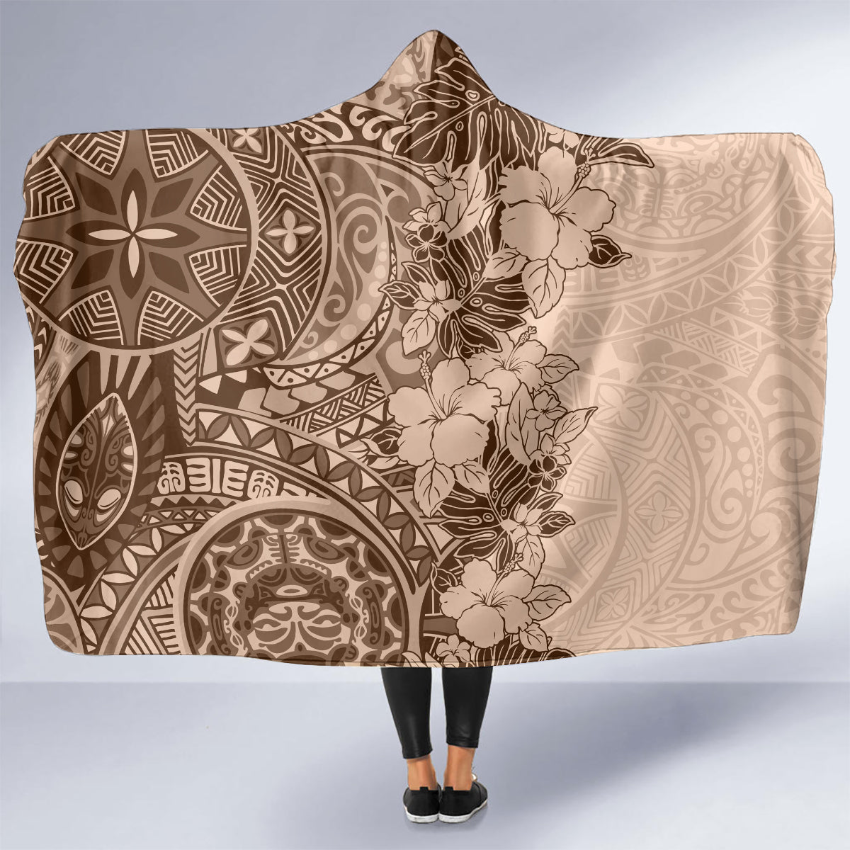 polynesia-hooded-blanket-hibiscus-and-hawaiian-tribal-tattoo-retro-style-pink-pastel