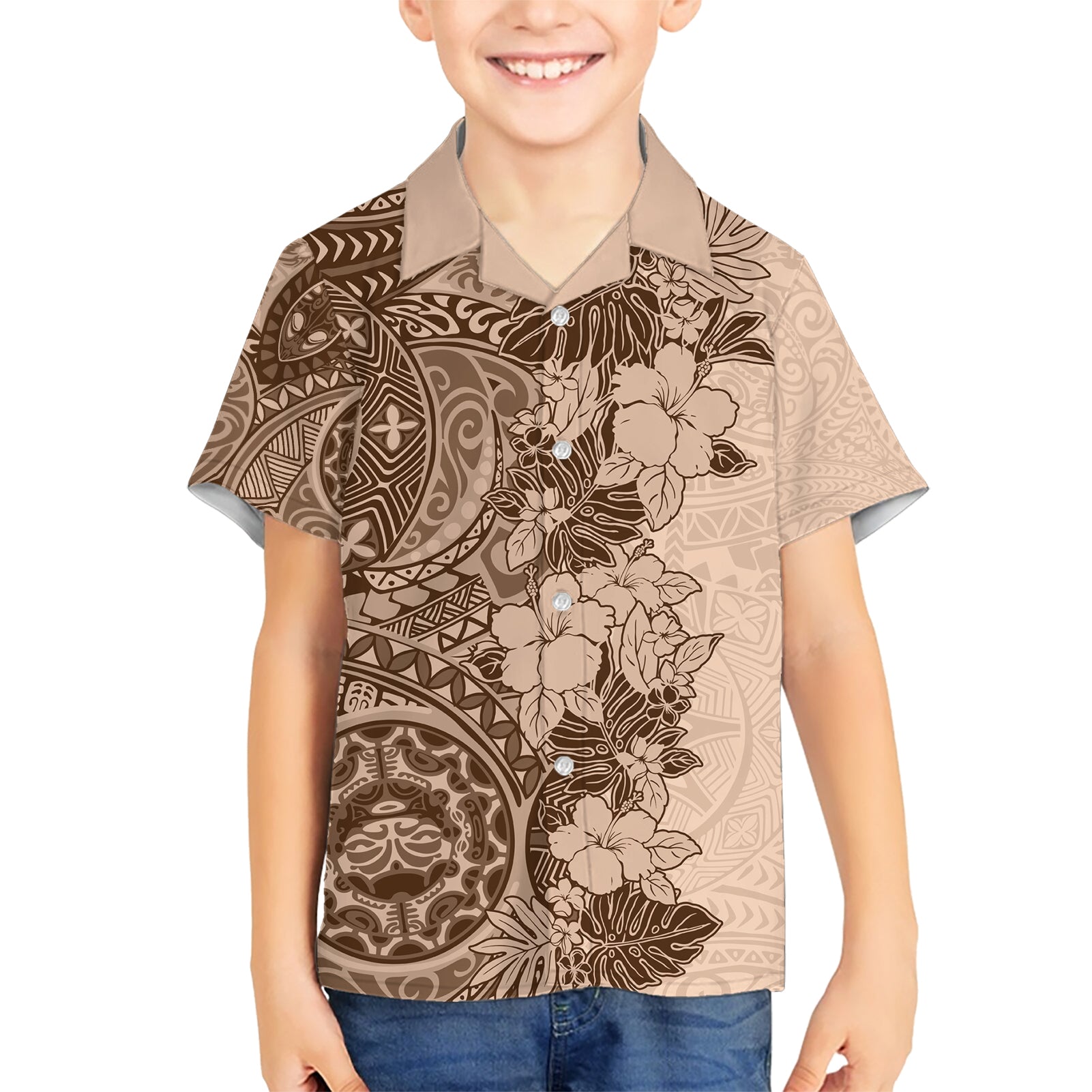 Polynesia Kid Hawaiian Shirt Hibiscus and Hawaiian Tribal Tattoo Retro Style Pink Pastel - Wonder Print Shop