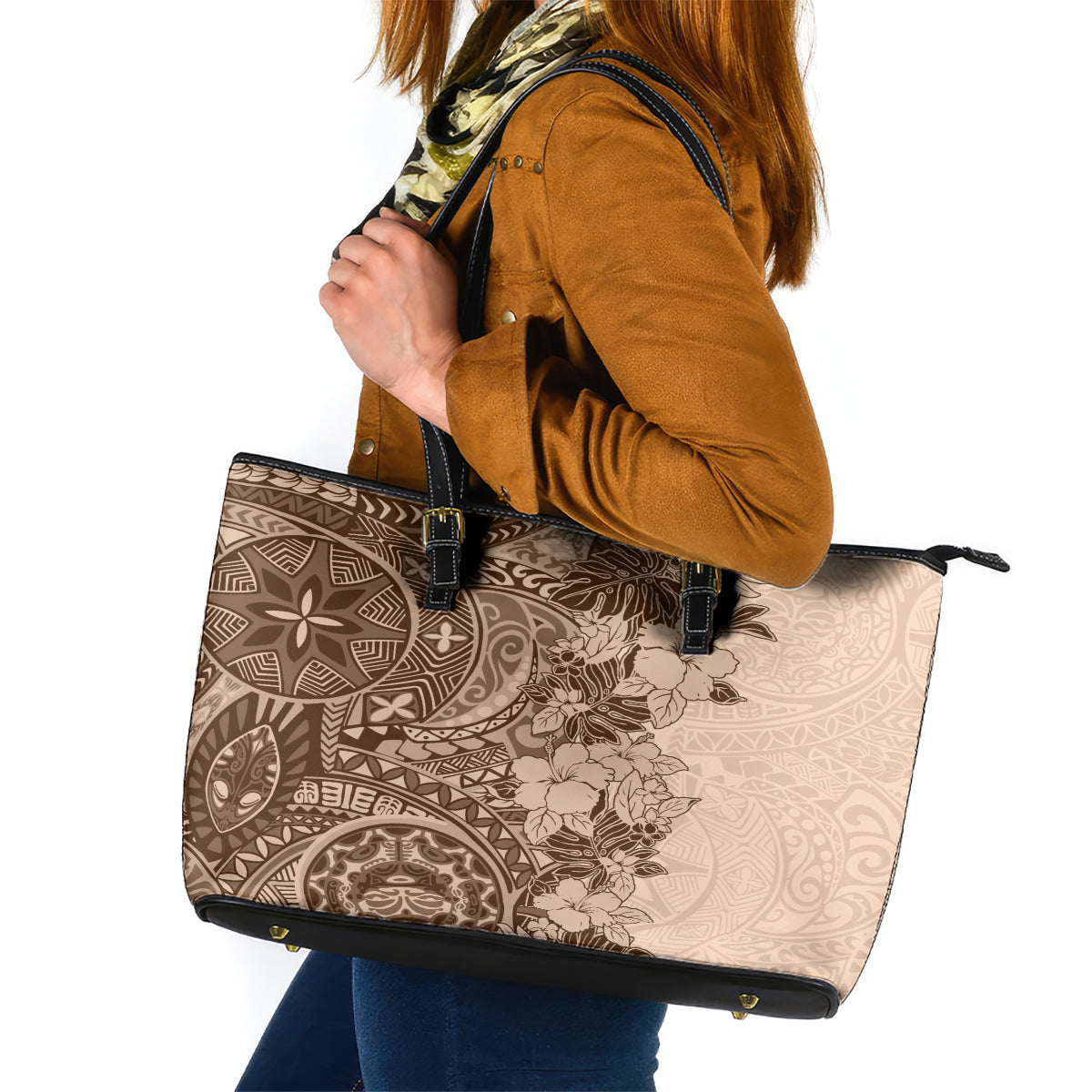 Polynesia Leather Tote Bag Hibiscus and Hawaiian Tribal Tattoo Retro Style Pink Pastel - Wonder Print Shop