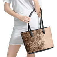 Polynesia Leather Tote Bag Hibiscus and Hawaiian Tribal Tattoo Retro Style Pink Pastel - Wonder Print Shop