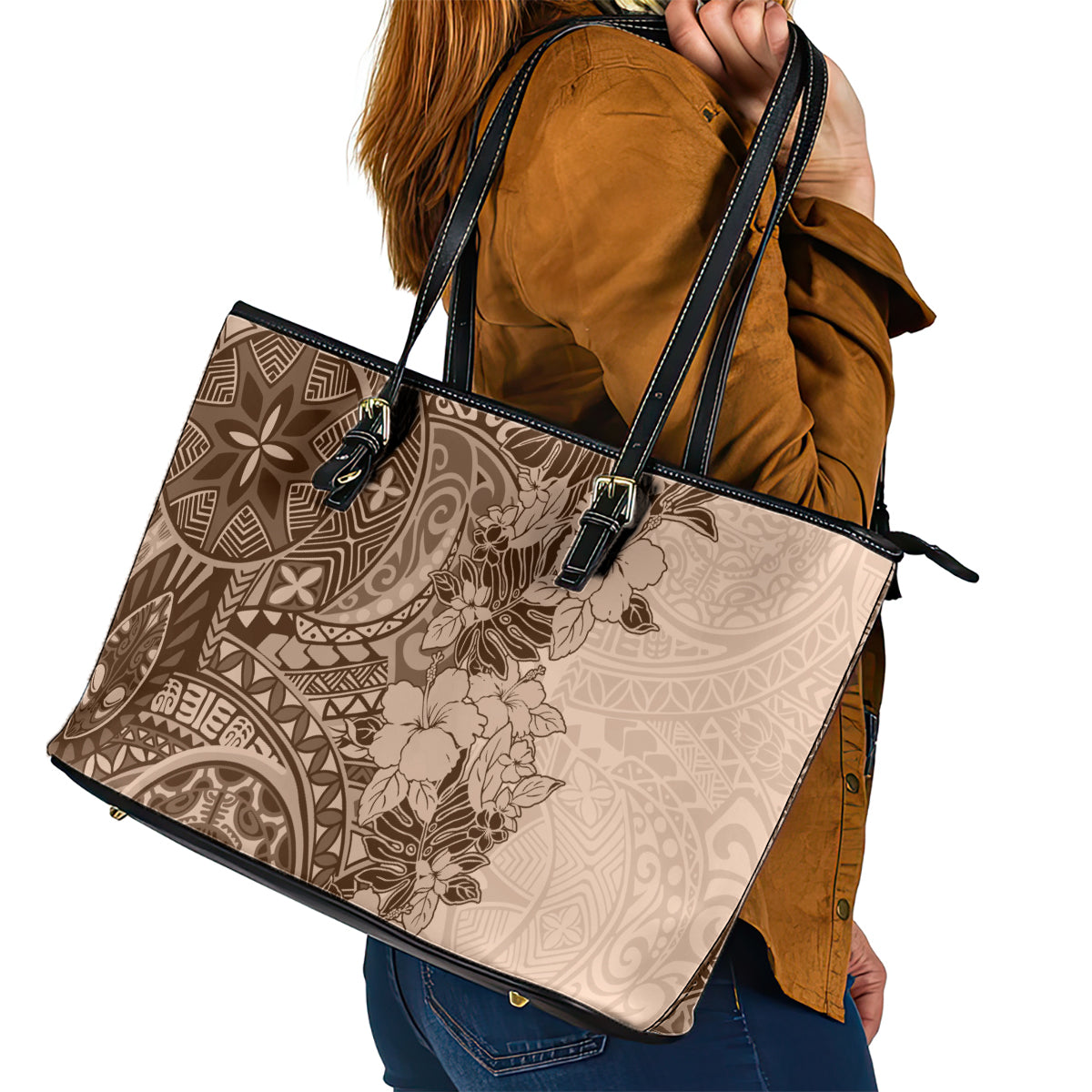 Polynesia Leather Tote Bag Hibiscus and Hawaiian Tribal Tattoo Retro Style Pink Pastel - Wonder Print Shop