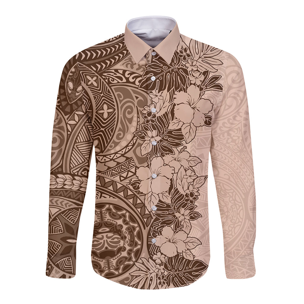 Polynesia Long Sleeve Button Shirt Hibiscus and Hawaiian Tribal Tattoo Retro Style Pink Pastel - Wonder Print Shop