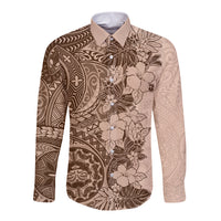 Polynesia Long Sleeve Button Shirt Hibiscus and Hawaiian Tribal Tattoo Retro Style Pink Pastel - Wonder Print Shop