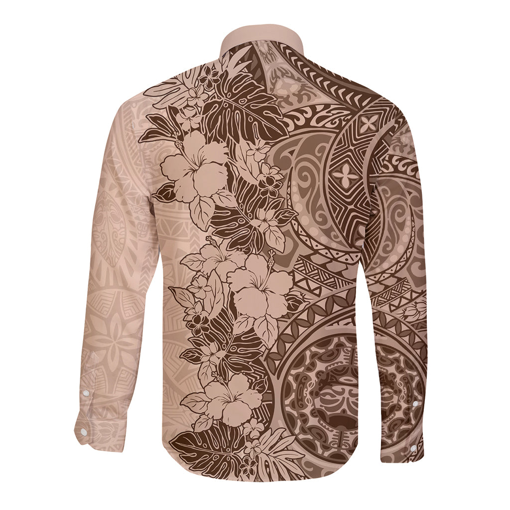 Polynesia Long Sleeve Button Shirt Hibiscus and Hawaiian Tribal Tattoo Retro Style Pink Pastel - Wonder Print Shop