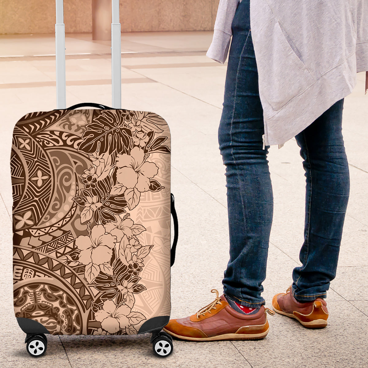 Polynesia Luggage Cover Hibiscus and Hawaiian Tribal Tattoo Retro Style Pink Pastel - Wonder Print Shop