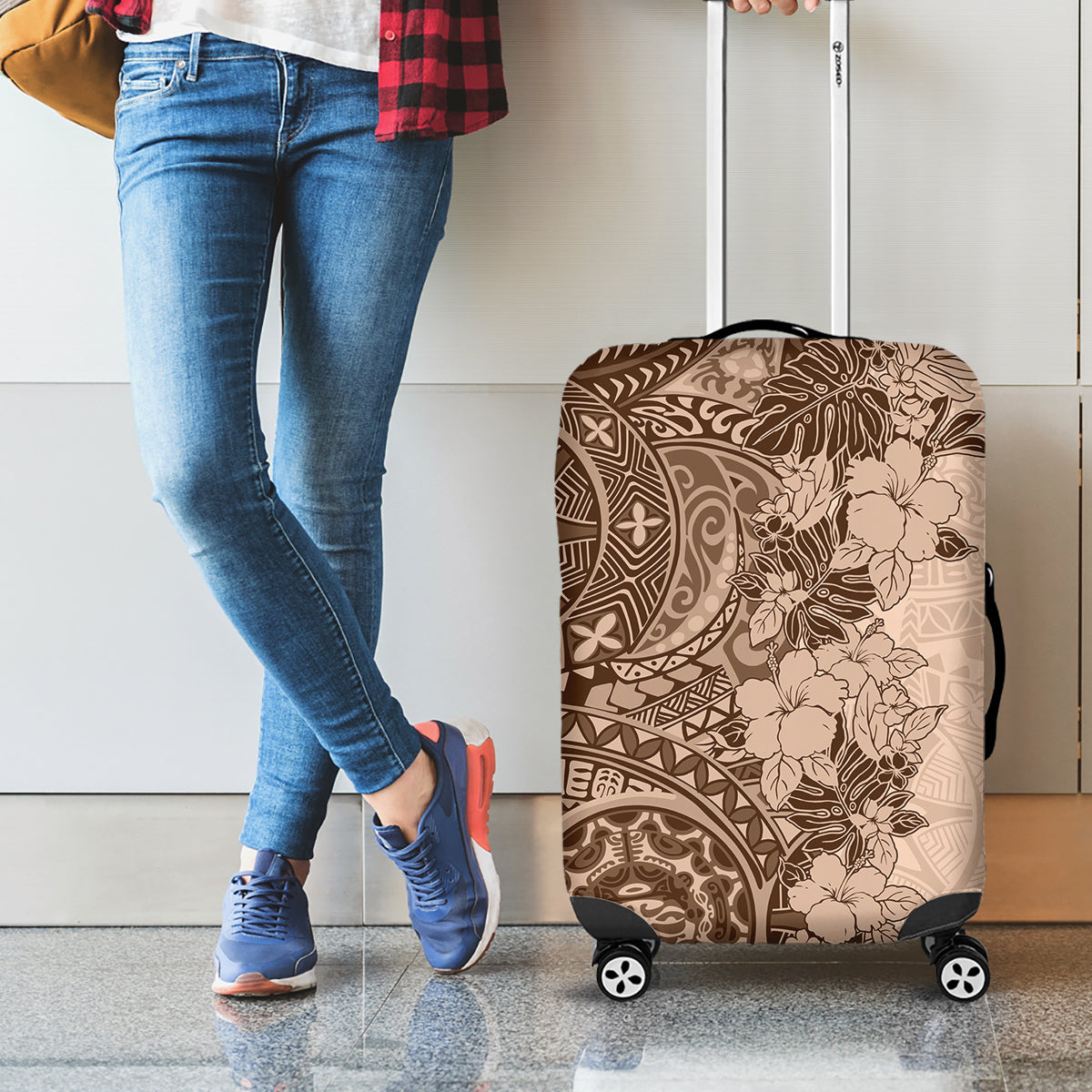 Polynesia Luggage Cover Hibiscus and Hawaiian Tribal Tattoo Retro Style Pink Pastel - Wonder Print Shop