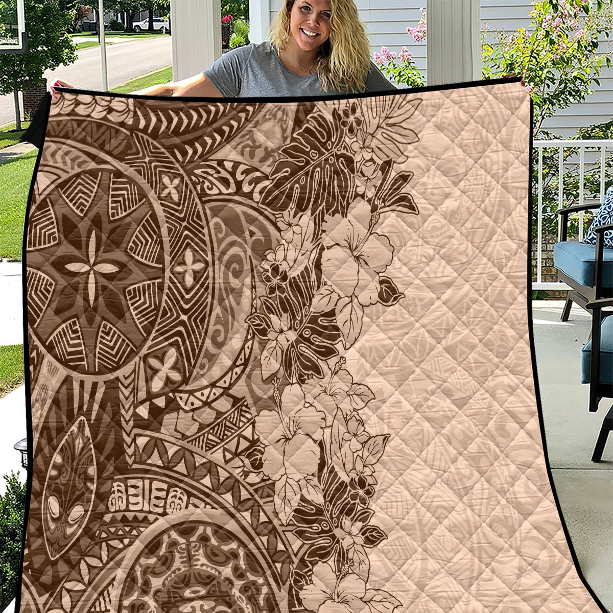 Polynesia Quilt Hibiscus and Hawaiian Tribal Tattoo Retro Style Pink Pastel - Wonder Print Shop