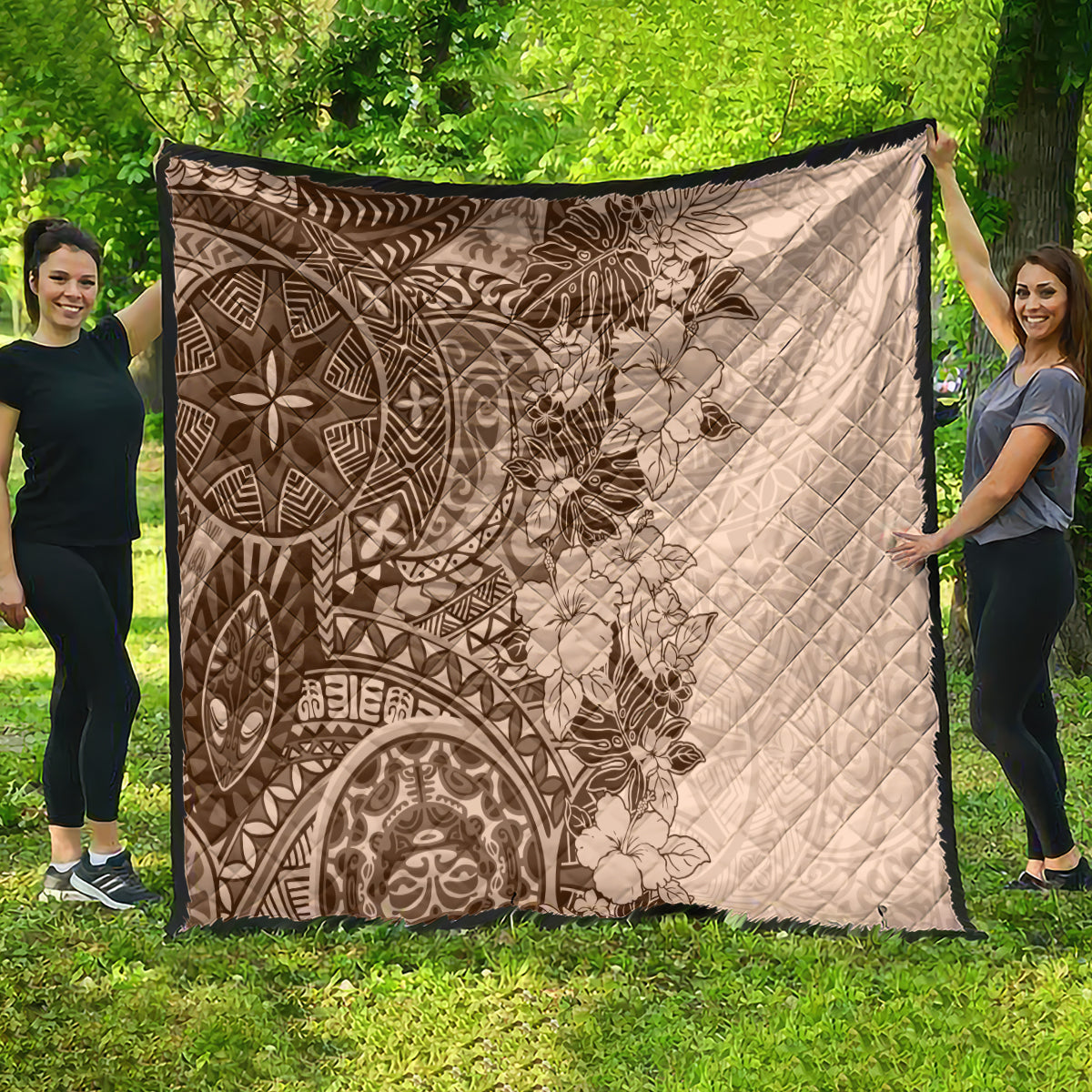 Polynesia Quilt Hibiscus and Hawaiian Tribal Tattoo Retro Style Pink Pastel - Wonder Print Shop