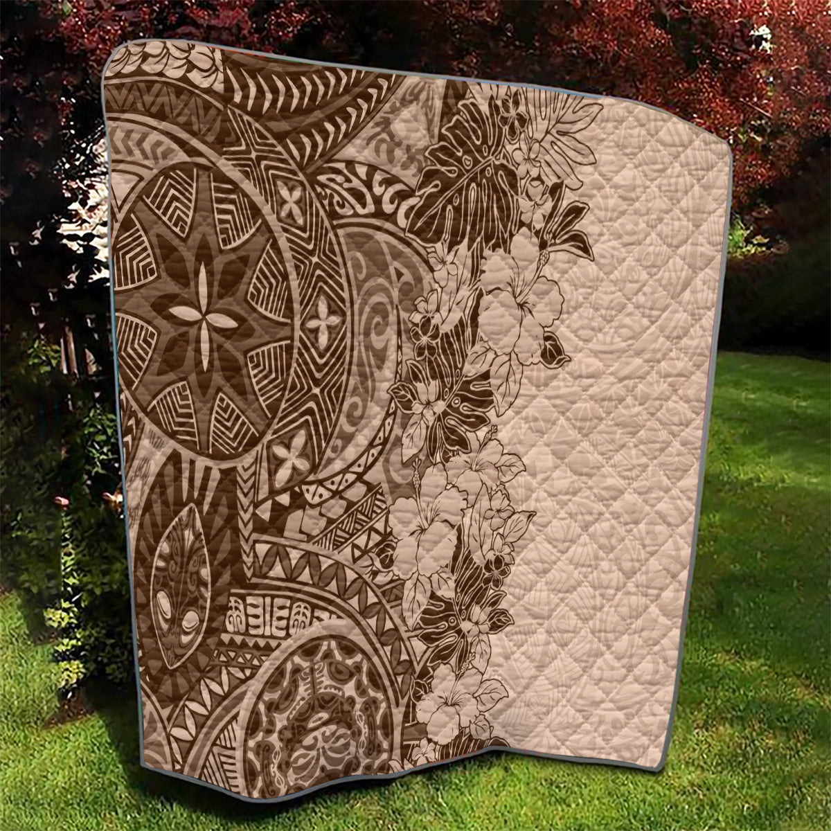 Polynesia Quilt Hibiscus and Hawaiian Tribal Tattoo Retro Style Pink Pastel - Wonder Print Shop