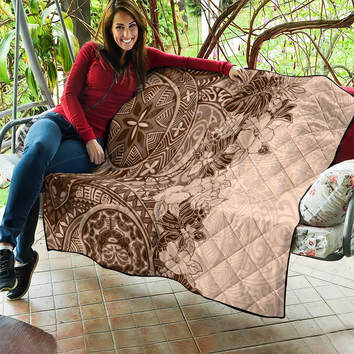 Polynesia Quilt Hibiscus and Hawaiian Tribal Tattoo Retro Style Pink Pastel - Wonder Print Shop