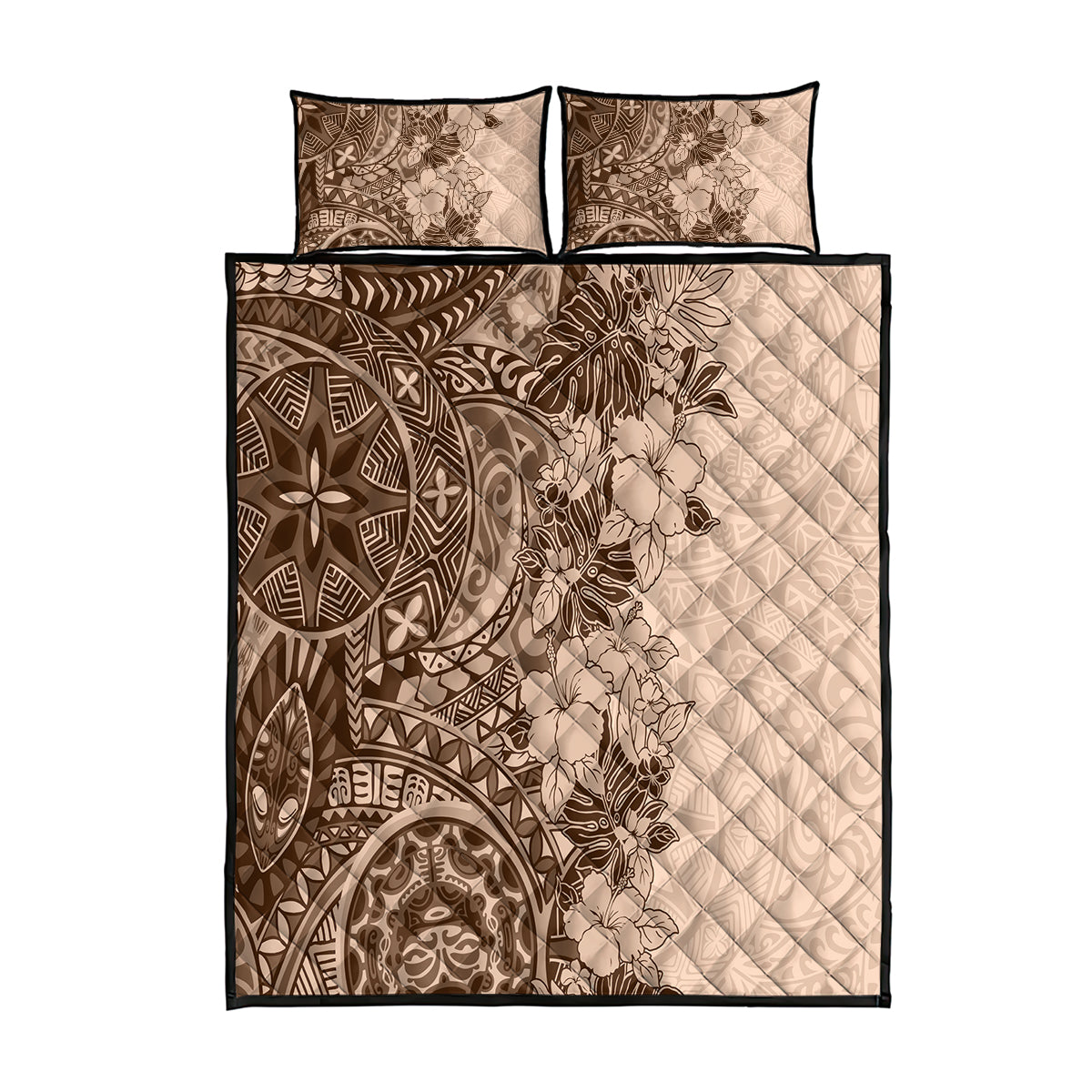 Polynesia Quilt Bed Set Hibiscus and Hawaiian Tribal Tattoo Retro Style Pink Pastel - Wonder Print Shop