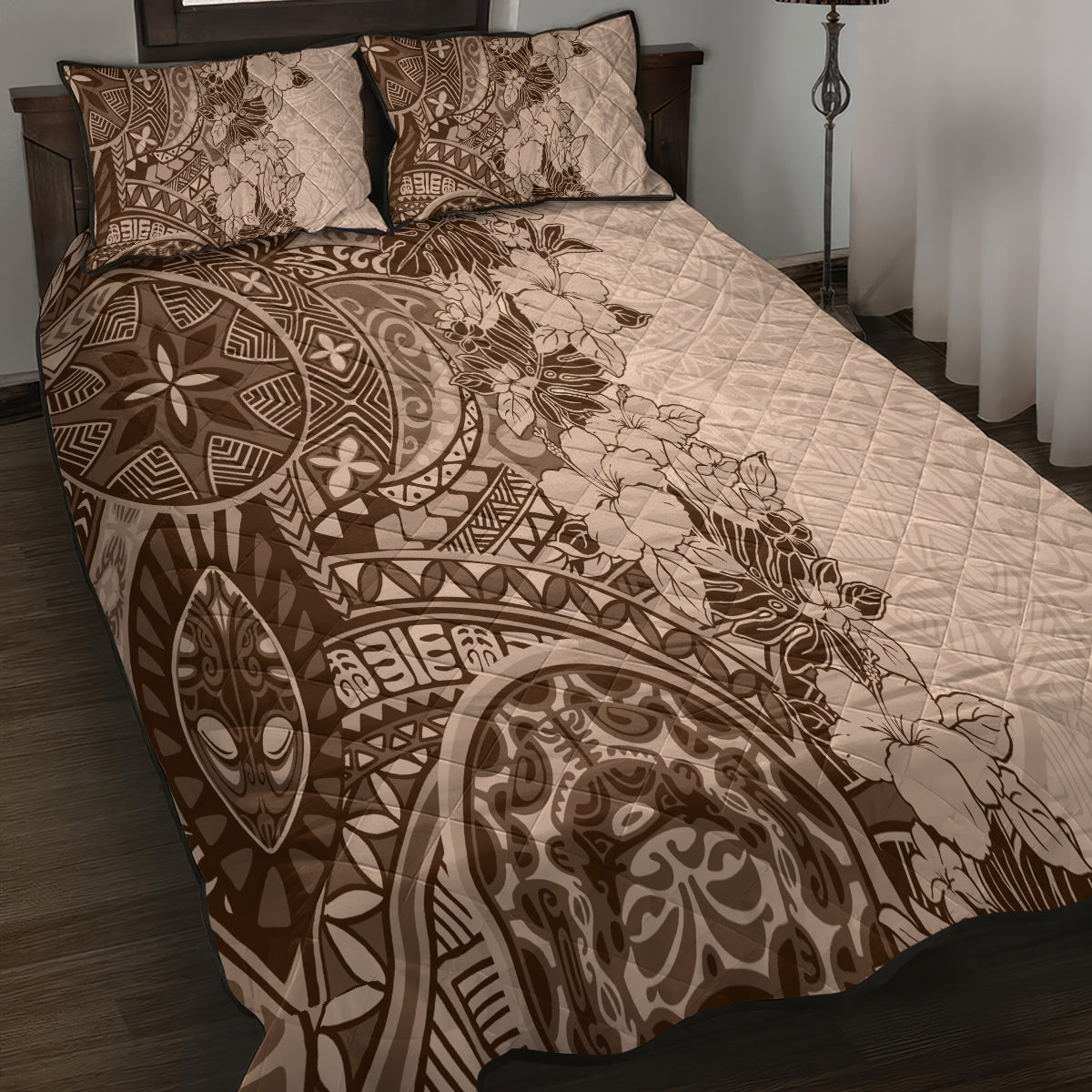 Polynesia Quilt Bed Set Hibiscus and Hawaiian Tribal Tattoo Retro Style Pink Pastel - Wonder Print Shop