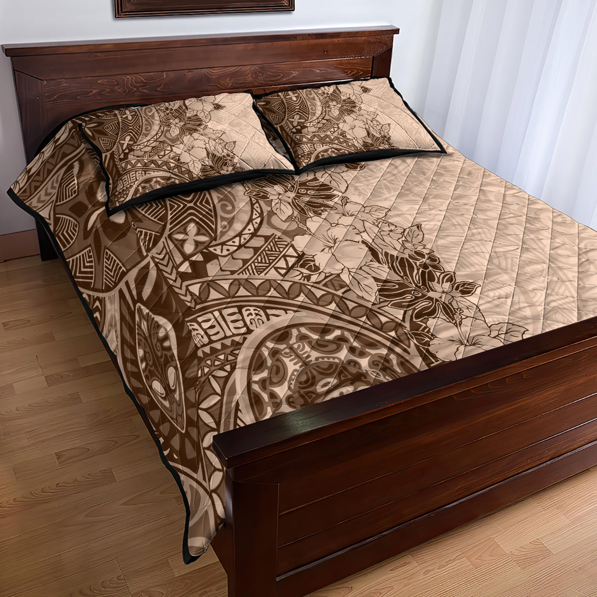 Polynesia Quilt Bed Set Hibiscus and Hawaiian Tribal Tattoo Retro Style Pink Pastel - Wonder Print Shop