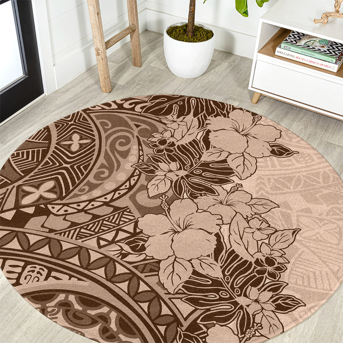 polynesia-round-carpet-hibiscus-and-hawaiian-tribal-tattoo-retro-style-pink-pastel
