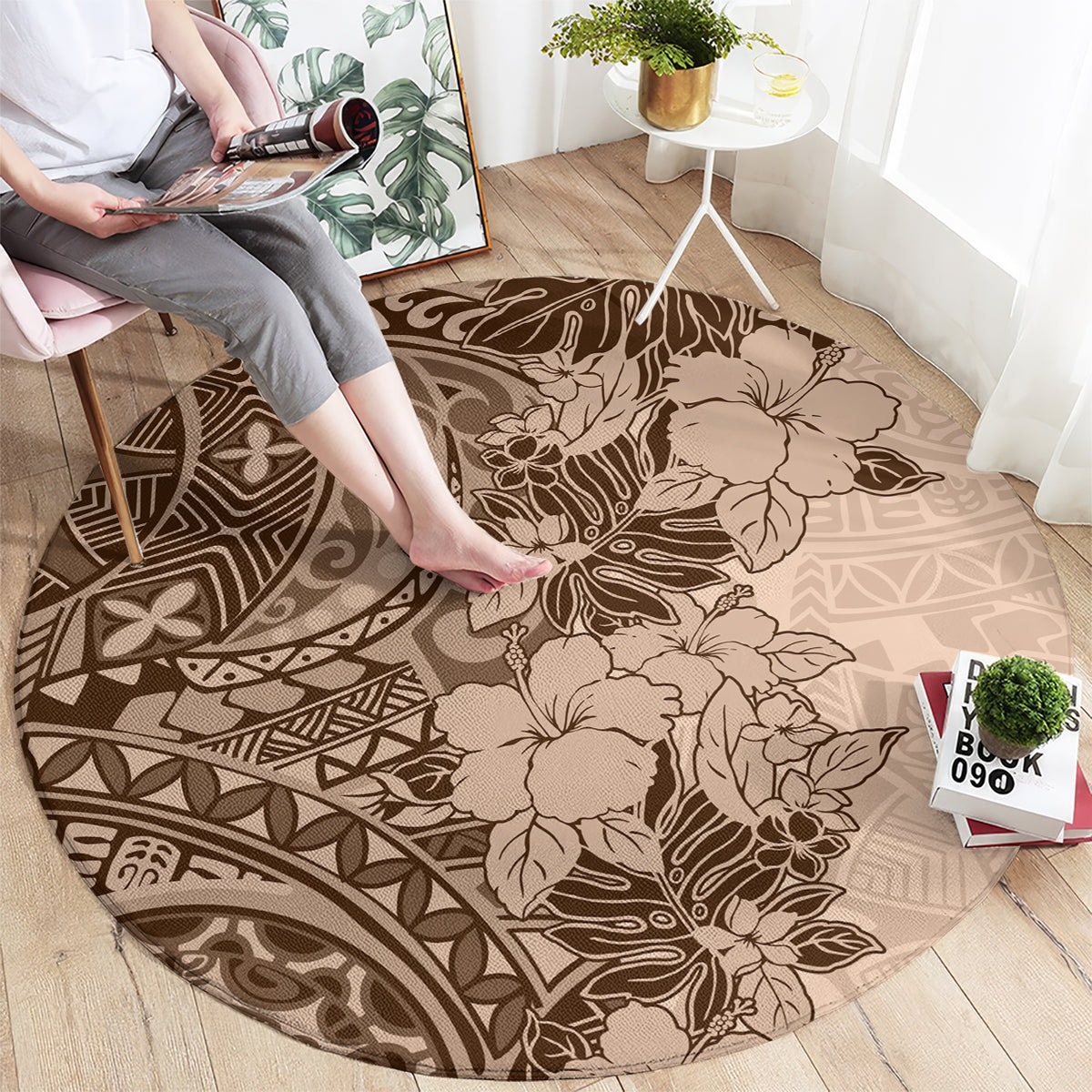 polynesia-round-carpet-hibiscus-and-hawaiian-tribal-tattoo-retro-style-pink-pastel