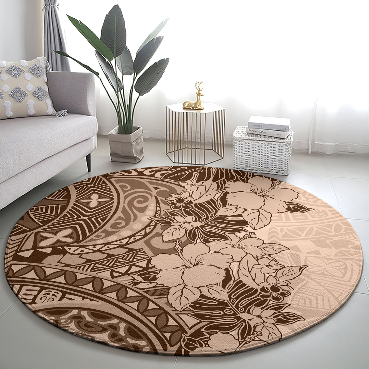 polynesia-round-carpet-hibiscus-and-hawaiian-tribal-tattoo-retro-style-pink-pastel