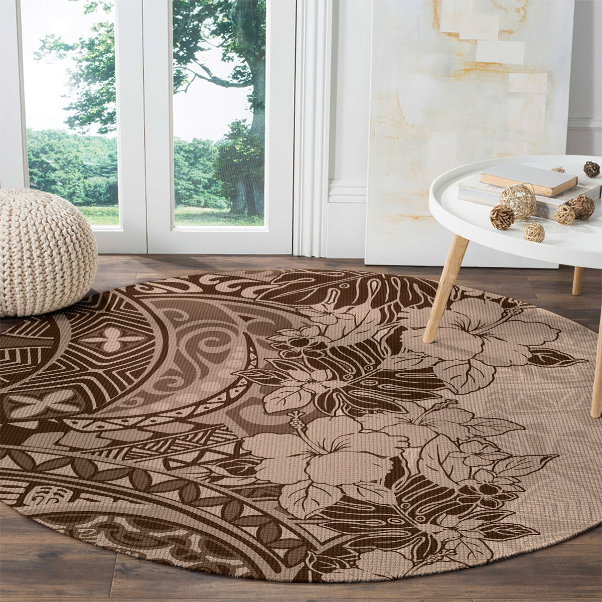polynesia-round-carpet-hibiscus-and-hawaiian-tribal-tattoo-retro-style-pink-pastel