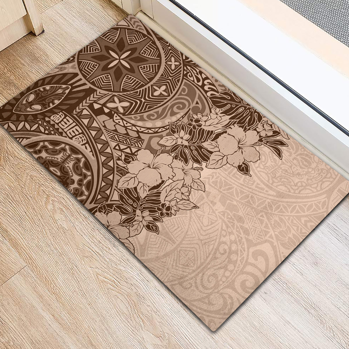 Polynesia Rubber Doormat Hibiscus and Hawaiian Tribal Tattoo Retro Style Pink Pastel - Wonder Print Shop