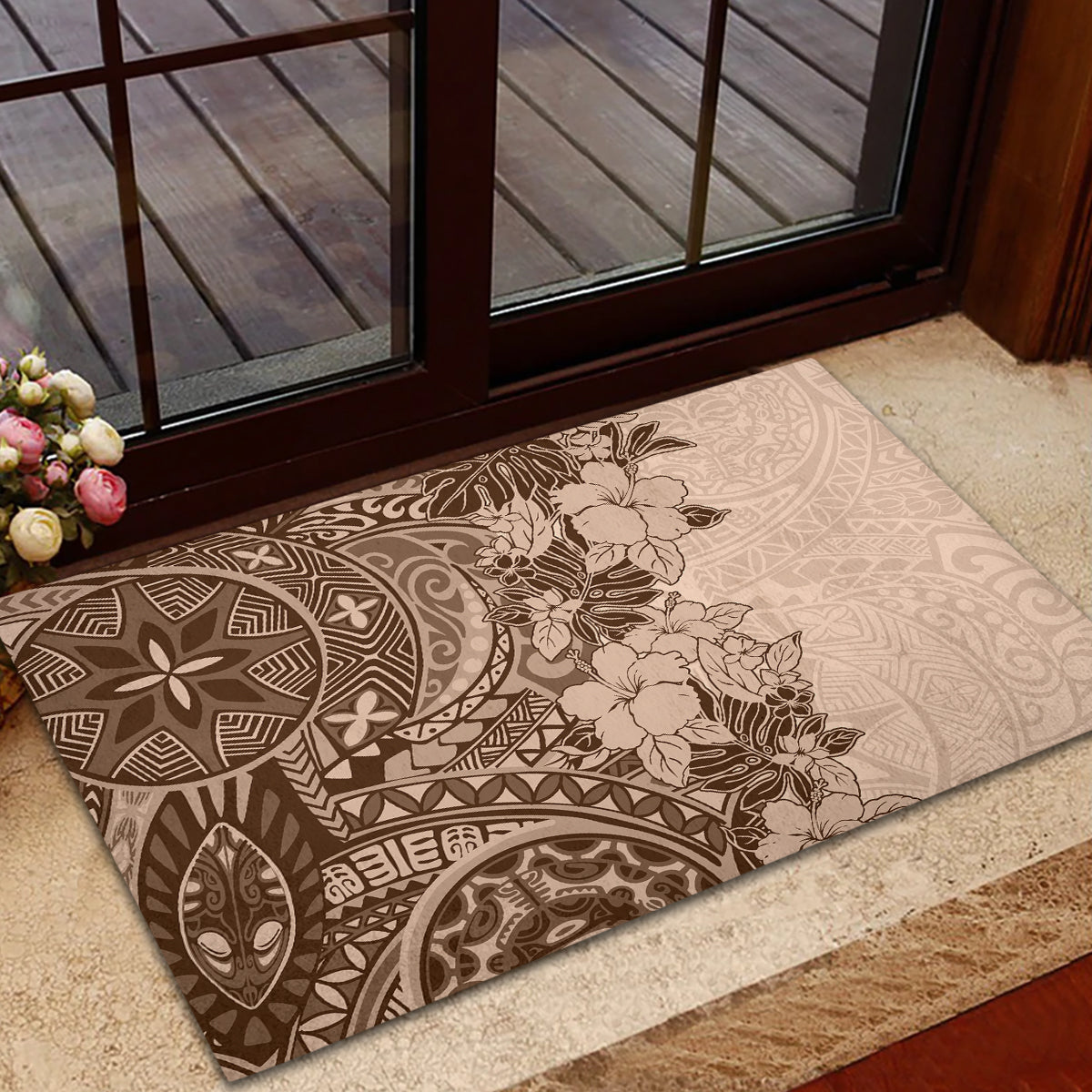 Polynesia Rubber Doormat Hibiscus and Hawaiian Tribal Tattoo Retro Style Pink Pastel - Wonder Print Shop