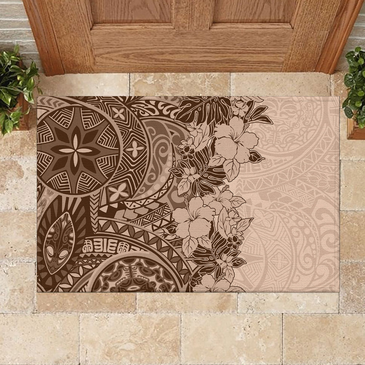 Polynesia Rubber Doormat Hibiscus and Hawaiian Tribal Tattoo Retro Style Pink Pastel - Wonder Print Shop