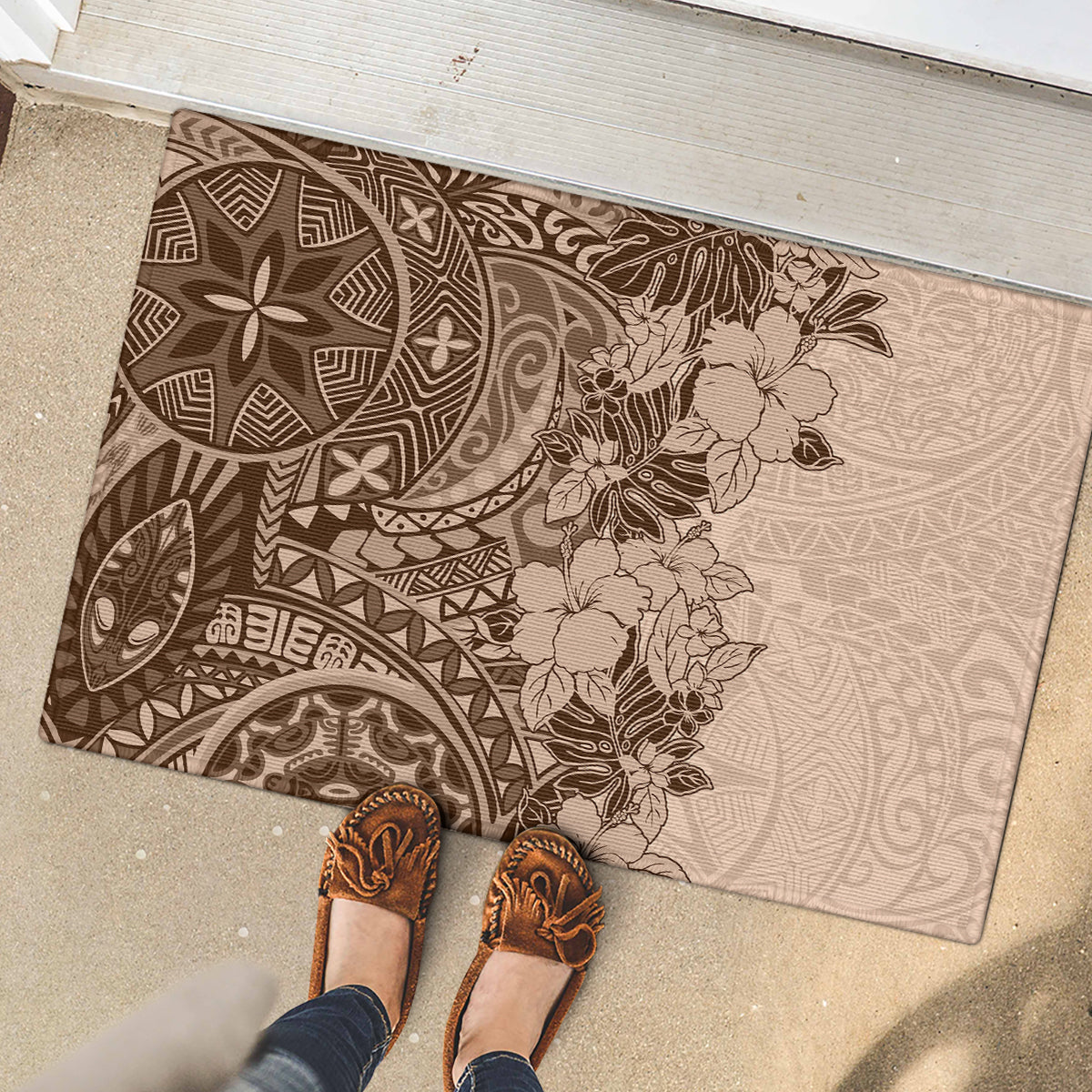 Polynesia Rubber Doormat Hibiscus and Hawaiian Tribal Tattoo Retro Style Pink Pastel - Wonder Print Shop