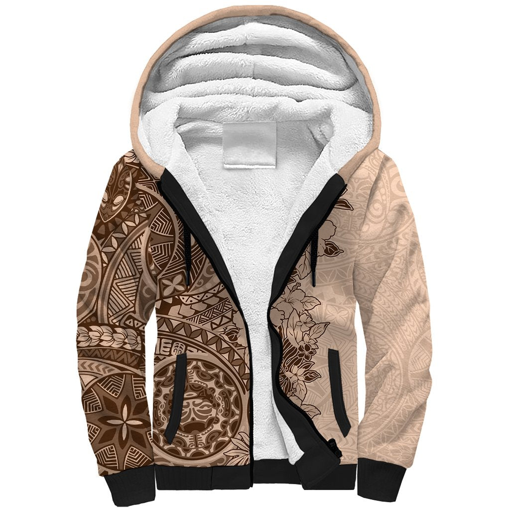 Polynesia Sherpa Hoodie Hibiscus and Hawaiian Tribal Tattoo Retro Style Pink Pastel - Wonder Print Shop