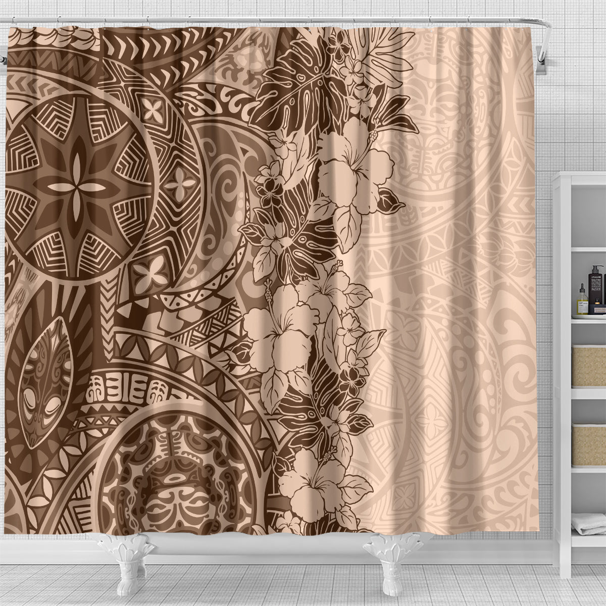 polynesia-shower-curtain-hibiscus-and-hawaiian-tribal-tattoo-retro-style-pink-pastel