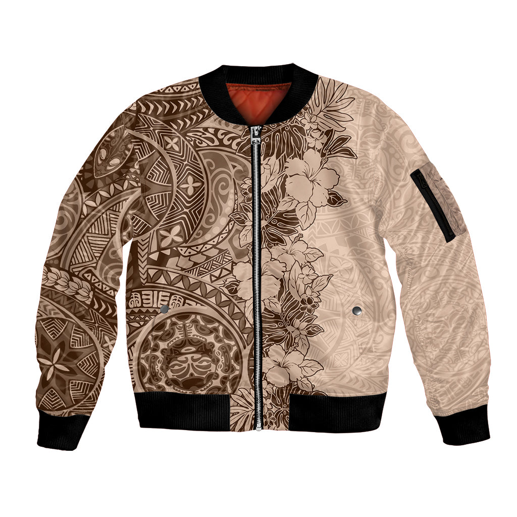 Polynesia Sleeve Zip Bomber Jacket Hibiscus and Hawaiian Tribal Tattoo Retro Style Pink Pastel - Wonder Print Shop