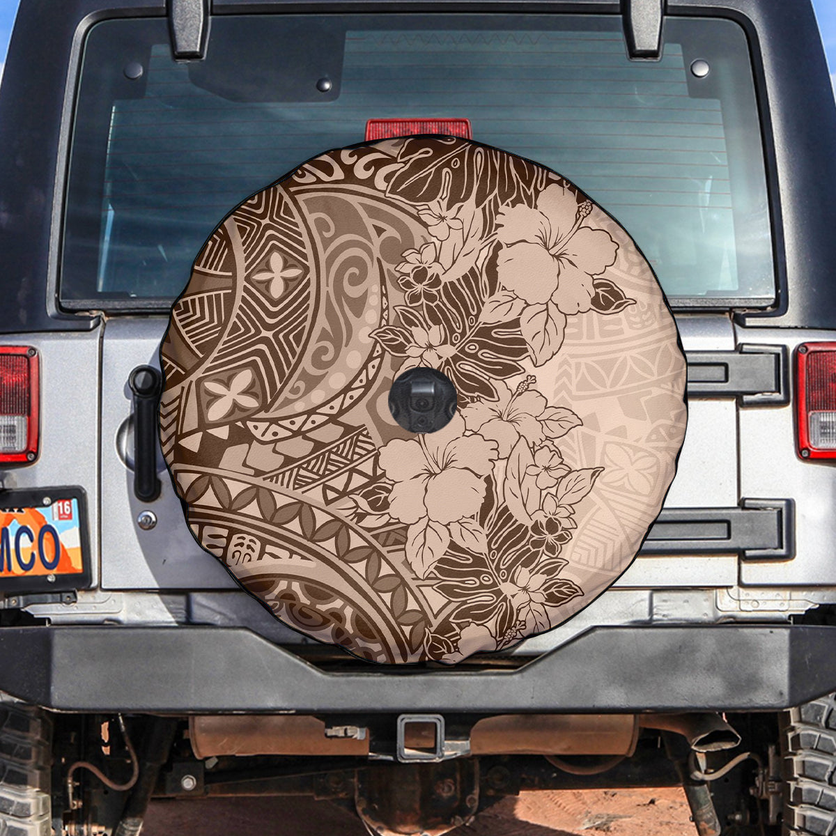 Polynesia Spare Tire Cover Hibiscus and Hawaiian Tribal Tattoo Retro Style Pink Pastel - Wonder Print Shop