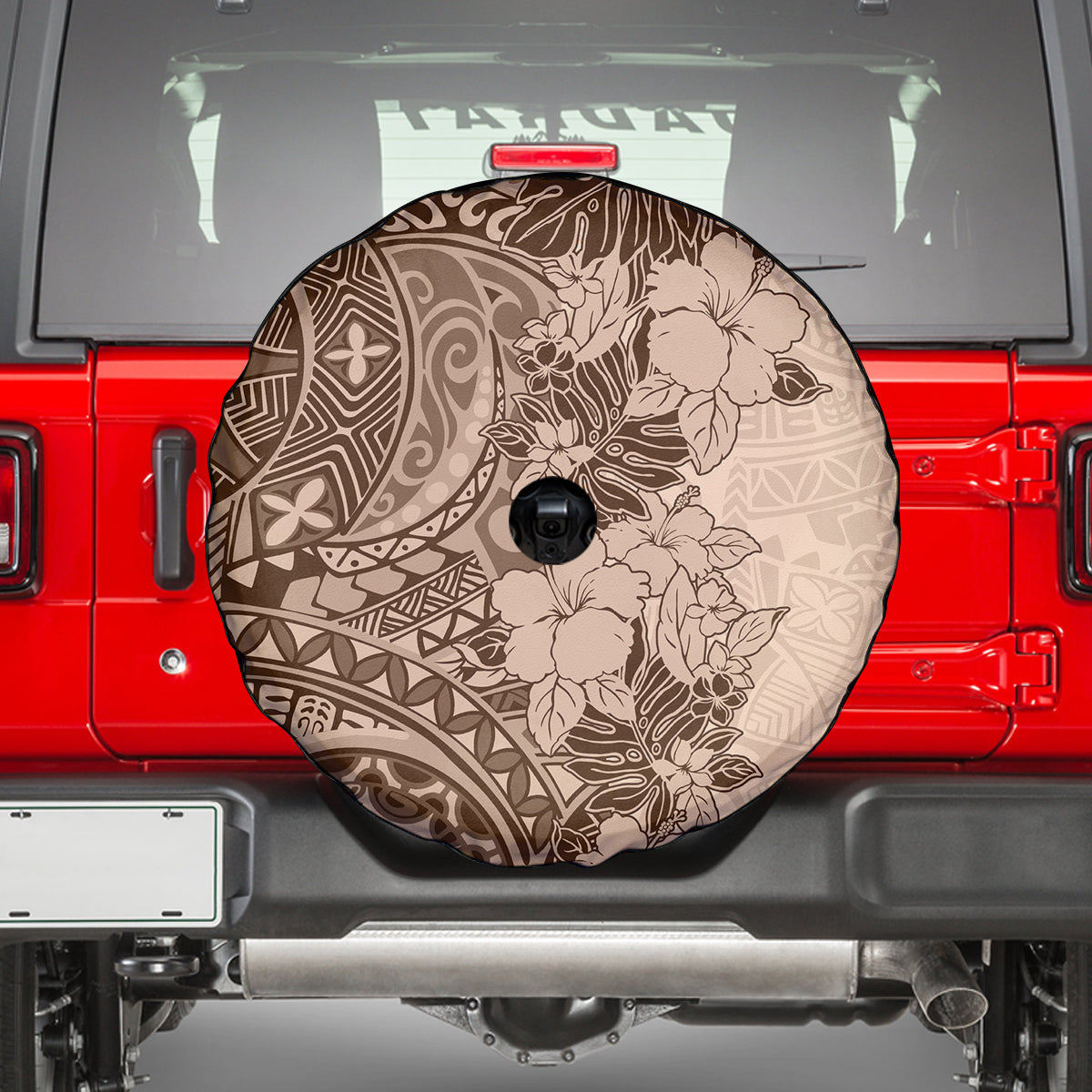 Polynesia Spare Tire Cover Hibiscus and Hawaiian Tribal Tattoo Retro Style Pink Pastel - Wonder Print Shop